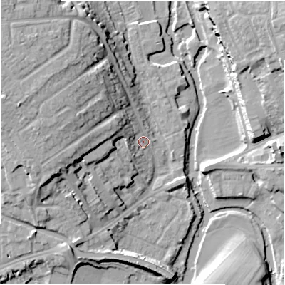 Shaded relief map of the ground around CV345PB, computed from Environment Agency LiDAR. The ground here sits at about 51 m above sea level and falls 21 m across the surrounding 800 m. Surface water reaching this point runs off ground lying to the west-north-west, 14.3 m higher.