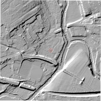 Shaded relief map of the ground around CV345PD, computed from Environment Agency LiDAR. The ground here sits at about 49 m above sea level and falls 20 m across the surrounding 800 m. Surface water reaching this point runs off ground lying to the west, 8.6 m higher.