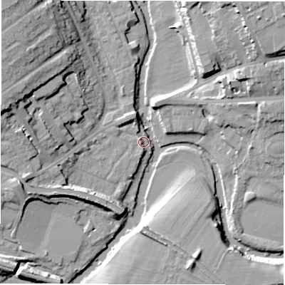 Shaded relief map of the ground around CV345PE, computed from Environment Agency LiDAR. The ground here sits at about 48 m above sea level and falls 20 m across the surrounding 800 m. Surface water reaching this point runs off ground lying to the west-south-west, 11.6 m higher.