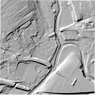 Shaded relief map of the ground around CV345PF, computed from Environment Agency LiDAR. The ground here sits at about 49 m above sea level and falls 20 m across the surrounding 800 m. Surface water reaching this point runs off ground lying to the west, 2.8 m higher.