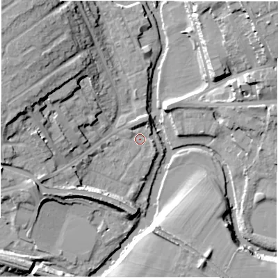 Shaded relief map of the ground around CV345PH, computed from Environment Agency LiDAR. The ground here sits at about 48 m above sea level and falls 20 m across the surrounding 800 m. Surface water reaching this point runs off ground lying to the west-south-west, 5.4 m higher.