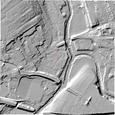 Shaded relief map of the ground around CV345PQ, computed from Environment Agency LiDAR. The ground here sits at about 49 m above sea level and falls 20 m across the surrounding 800 m. Surface water reaching this point runs off ground lying to the west, 2.8 m higher.
