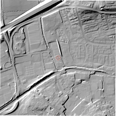 Shaded relief map of the ground around CV345PY, computed from Environment Agency LiDAR. The ground here sits at about 58 m above sea level and falls 21 m across the surrounding 800 m. Surface water reaching this point runs off ground lying to the north-north-east, 16.9 m higher.