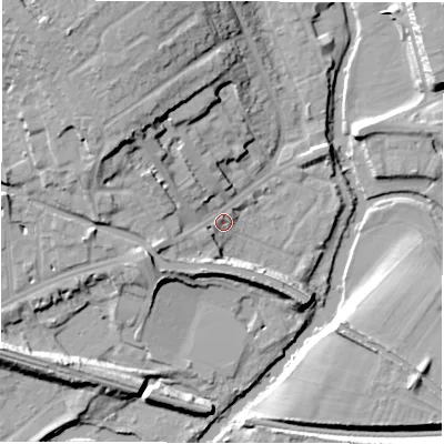Shaded relief map of the ground around CV345QN, computed from Environment Agency LiDAR. The ground here sits at about 51 m above sea level and falls 20 m across the surrounding 800 m. Surface water reaching this point runs off ground lying to the north-west, 11.7 m higher.