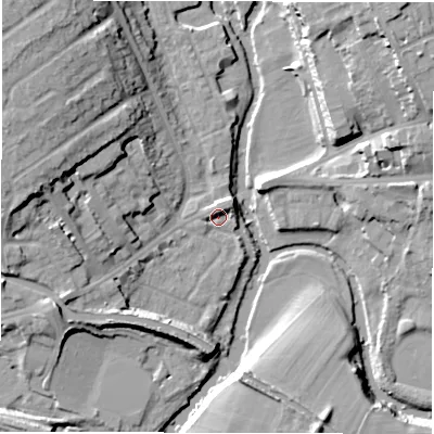 Shaded relief map of the ground around CV345QT, computed from Environment Agency LiDAR. The ground here sits at about 49 m above sea level and falls 20 m across the surrounding 800 m. Surface water reaching this point runs off ground lying to the west-south-west, 5.4 m higher.