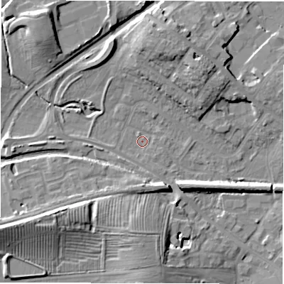 Shaded relief map of the ground around CV345RL, computed from Environment Agency LiDAR. The ground here sits at about 57 m above sea level and falls 13 m across the surrounding 800 m. Surface water reaching this point runs off ground lying to the west-south-west, 1.6 m higher.