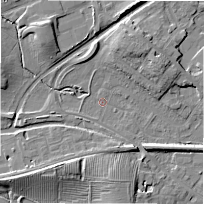 Shaded relief map of the ground around CV345RP, computed from Environment Agency LiDAR. The ground here sits at about 57 m above sea level and falls 13 m across the surrounding 800 m. Surface water reaching this point runs off ground lying to the north-west, 11.5 m higher.