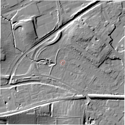 Shaded relief map of the ground around CV345RR, computed from Environment Agency LiDAR. The ground here sits at about 57 m above sea level and falls 13 m across the surrounding 800 m. Surface water reaching this point runs off ground lying to the north-north-east, 9.2 m higher.