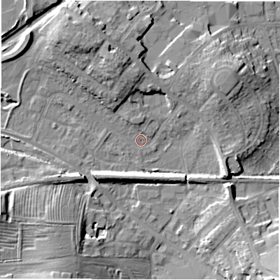 Shaded relief map of the ground around CV345RS, computed from Environment Agency LiDAR. The ground here sits at about 56 m above sea level and falls 19 m across the surrounding 800 m. Surface water reaching this point runs off ground lying to the south-west, 11.7 m higher.