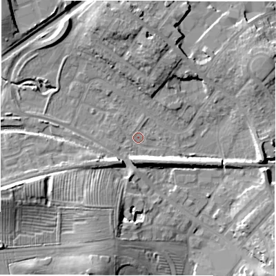 Shaded relief map of the ground around CV345RT, computed from Environment Agency LiDAR. The ground here sits at about 56 m above sea level and falls 13 m across the surrounding 800 m. Surface water reaching this point runs off ground lying to the west-south-west, 11.9 m higher.