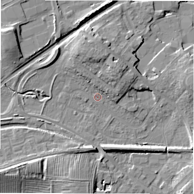 Shaded relief map of the ground around CV345RW, computed from Environment Agency LiDAR. The ground here sits at about 57 m above sea level and falls 13 m across the surrounding 800 m. Surface water reaching this point runs off ground lying to the north-north-east, 6.4 m higher.