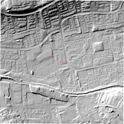 Shaded relief map of the ground around CV345SE, computed from Environment Agency LiDAR. The ground here sits at about 52 m above sea level and falls 23 m across the surrounding 800 m. Surface water reaching this point runs off ground lying to the north-west, 22.8 m higher.