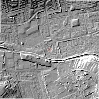 Shaded relief map of the ground around CV345SG, computed from Environment Agency LiDAR. The ground here sits at about 52 m above sea level and falls 15 m across the surrounding 800 m. Surface water reaching this point runs off ground lying to the east-south-east, 9.2 m higher.