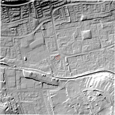 Shaded relief map of the ground around CV345SW, computed from Environment Agency LiDAR. The ground here sits at about 52 m above sea level and falls 23 m across the surrounding 800 m. Surface water reaching this point runs off ground lying to the east-south-east, 9.3 m higher.
