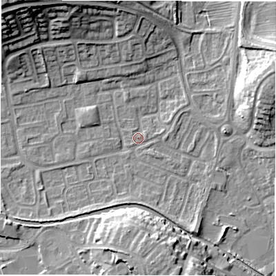 Shaded relief map of the ground around CV345TF, computed from Environment Agency LiDAR. The ground here sits at about 52 m above sea level and falls 20 m across the surrounding 800 m. Surface water reaching this point runs off ground lying to the south-south-east, 5.2 m higher.