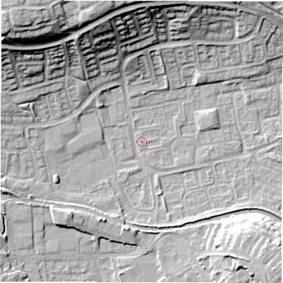 Shaded relief map of the ground around CV345TQ, computed from Environment Agency LiDAR. The ground here sits at about 52 m above sea level and falls 24 m across the surrounding 800 m. Surface water reaching this point runs off ground lying to the south-east, 10.4 m higher.