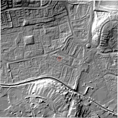 Shaded relief map of the ground around CV345TS, computed from Environment Agency LiDAR. The ground here sits at about 52 m above sea level and falls 14 m across the surrounding 800 m. Surface water reaching this point runs off ground lying to the south-south-east, 4.7 m higher.