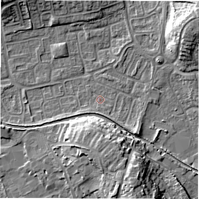 Shaded relief map of the ground around CV345TX, computed from Environment Agency LiDAR. The ground here sits at about 52 m above sea level and falls 14 m across the surrounding 800 m. Surface water reaching this point runs off ground lying to the south-west, 2.2 m higher.