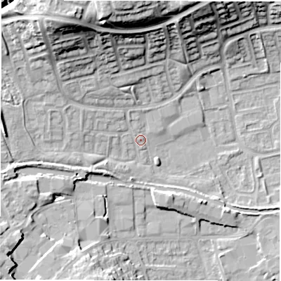 Shaded relief map of the ground around CV345UL, computed from Environment Agency LiDAR. The ground here sits at about 54 m above sea level and falls 23 m across the surrounding 800 m. Surface water reaching this point runs off ground lying to the west-north-west, 3.6 m higher.