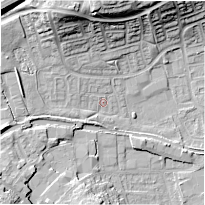 Shaded relief map of the ground around CV345UW, computed from Environment Agency LiDAR. The ground here sits at about 54 m above sea level and falls 23 m across the surrounding 800 m. Surface water reaching this point runs off ground lying to the north-north-west, 17.7 m higher.