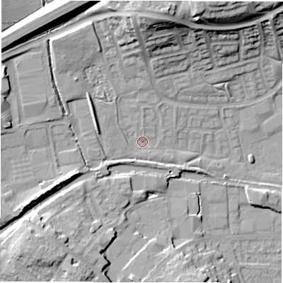 Shaded relief map of the ground around CV345UY, computed from Environment Agency LiDAR. The ground here sits at about 55 m above sea level and falls 23 m across the surrounding 800 m. Surface water reaching this point runs off ground lying to the north, 16.3 m higher.