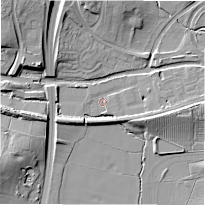 Shaded relief map of the ground around CV345WE, computed from Environment Agency LiDAR. The ground here sits at about 59 m above sea level and falls 23 m across the surrounding 800 m. Surface water reaching this point runs off ground lying to the east, 10.5 m higher.