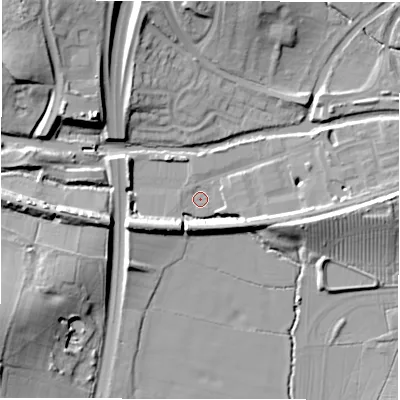 Shaded relief map of the ground around CV345WQ, computed from Environment Agency LiDAR. The ground here sits at about 58 m above sea level and falls 23 m across the surrounding 800 m. Surface water reaching this point runs off ground lying to the east, 10.5 m higher.