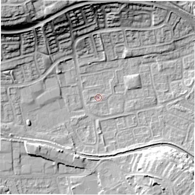 Shaded relief map of the ground around CV345XB, computed from Environment Agency LiDAR. The ground here sits at about 52 m above sea level and falls 24 m across the surrounding 800 m. Surface water reaching this point runs off ground lying to the west, 0.7 m higher.