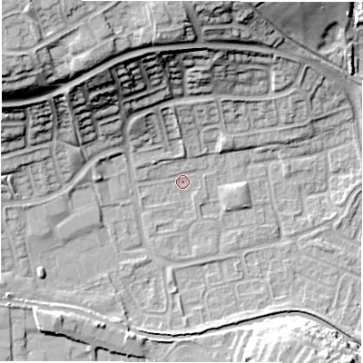 Shaded relief map of the ground around CV345XE, computed from Environment Agency LiDAR. The ground here sits at about 52 m above sea level and falls 25 m across the surrounding 800 m. Surface water reaching this point runs off ground lying to the north-west, 22.7 m higher.