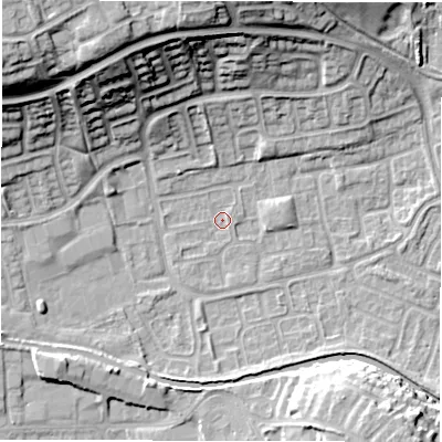 Shaded relief map of the ground around CV345XF, computed from Environment Agency LiDAR. The ground here sits at about 52 m above sea level and falls 24 m across the surrounding 800 m. Surface water reaching this point runs off ground lying to the south-west, 0.8 m higher.