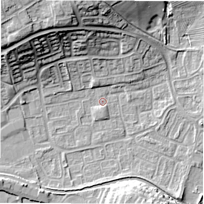 Shaded relief map of the ground around CV345XG, computed from Environment Agency LiDAR. The ground here sits at about 52 m above sea level and falls 23 m across the surrounding 800 m. Surface water reaching this point runs off ground lying to the north-north-west, 21.6 m higher.