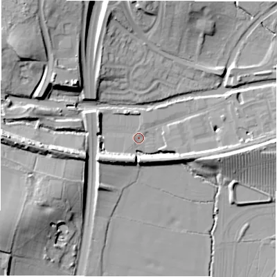 Shaded relief map of the ground around CV345XH, computed from Environment Agency LiDAR. The ground here sits at about 58 m above sea level and falls 23 m across the surrounding 800 m. Surface water reaching this point runs off ground lying to the west-south-west, 7.7 m higher.