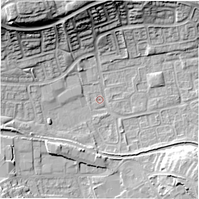 Shaded relief map of the ground around CV345XN, computed from Environment Agency LiDAR. The ground here sits at about 52 m above sea level and falls 23 m across the surrounding 800 m. Surface water reaching this point runs off ground lying to the north-west, 22.9 m higher.