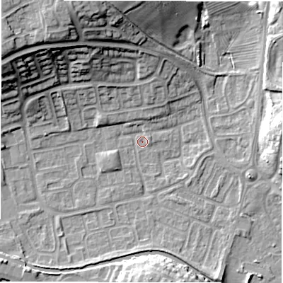Shaded relief map of the ground around CV345XP, computed from Environment Agency LiDAR. The ground here sits at about 52 m above sea level and falls 22 m across the surrounding 800 m. Surface water reaching this point runs off ground lying to the north-north-west, 21.6 m higher.