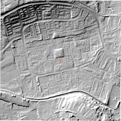 Shaded relief map of the ground around CV345XQ, computed from Environment Agency LiDAR. The ground here sits at about 52 m above sea level and falls 22 m across the surrounding 800 m. Surface water reaching this point runs off ground lying to the north, 2.2 m higher.