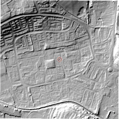 Shaded relief map of the ground around CV345XR, computed from Environment Agency LiDAR. The ground here sits at about 52 m above sea level and falls 22 m across the surrounding 800 m. Surface water reaching this point runs off ground lying to the north-north-west, 21.6 m higher.
