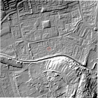 Shaded relief map of the ground around CV345XT, computed from Environment Agency LiDAR. The ground here sits at about 52 m above sea level and falls 14 m across the surrounding 800 m. Surface water reaching this point runs off ground lying to the east-south-east, 5.1 m higher.