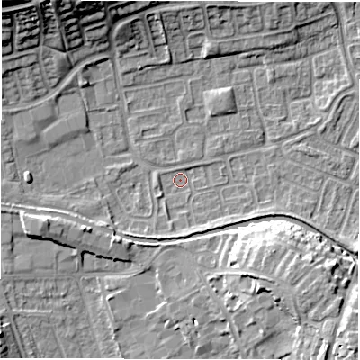 Shaded relief map of the ground around CV345XX, computed from Environment Agency LiDAR. The ground here sits at about 52 m above sea level and falls 18 m across the surrounding 800 m. Surface water reaching this point runs off ground lying to the south-east, 2.4 m higher.