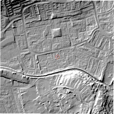 Shaded relief map of the ground around CV345XY, computed from Environment Agency LiDAR. The ground here sits at about 52 m above sea level and falls 16 m across the surrounding 800 m. Surface water reaching this point runs off ground lying to the east-south-east, 5.3 m higher.