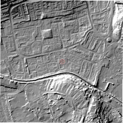 Shaded relief map of the ground around CV345XZ, computed from Environment Agency LiDAR. The ground here sits at about 52 m above sea level and falls 14 m across the surrounding 800 m. Surface water reaching this point runs off ground lying to the south-south-west, 0.8 m higher.
