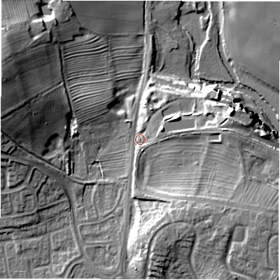Shaded relief map of the ground around CV345YD, computed from Environment Agency LiDAR. The ground here sits at about 57 m above sea level and falls 26 m across the surrounding 800 m. Surface water reaching this point runs off ground lying to the east-north-east, 5.8 m higher.