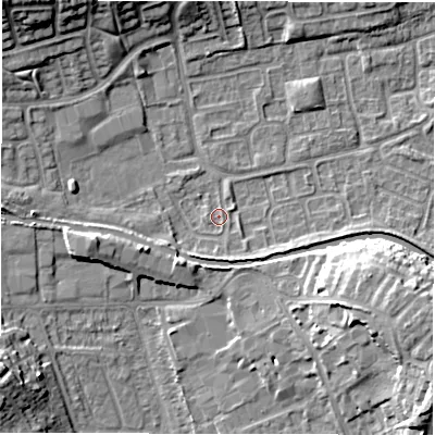 Shaded relief map of the ground around CV345YE, computed from Environment Agency LiDAR. The ground here sits at about 52 m above sea level and falls 13 m across the surrounding 800 m. Surface water reaching this point runs off ground lying to the south-south-east, 1.9 m higher.