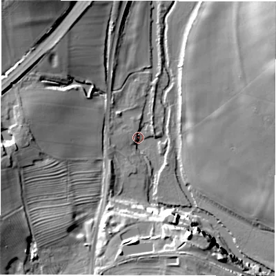 Shaded relief map of the ground around CV345YN, computed from Environment Agency LiDAR. The ground here sits at about 48 m above sea level and falls 22 m across the surrounding 800 m. Surface water reaching this point runs off ground lying to the south-south-east, 18.9 m higher.