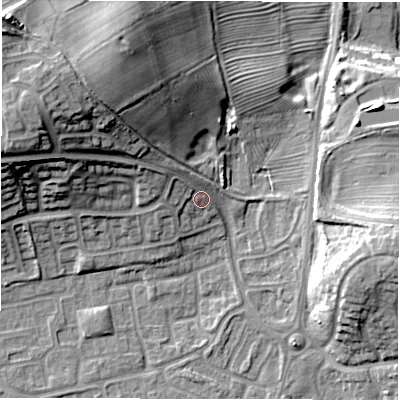 Shaded relief map of the ground around CV345YU, computed from Environment Agency LiDAR. The ground here sits at about 55 m above sea level and falls 28 m across the surrounding 800 m. Surface water reaching this point runs off ground lying to the west-north-west, 18.5 m higher.