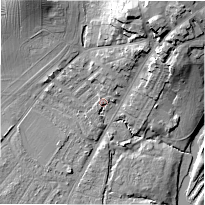 Shaded relief map of the ground around CV346AE, computed from Environment Agency LiDAR. The ground here sits at about 51 m above sea level and falls 28 m across the surrounding 800 m. Surface water reaching this point runs off ground lying to the south-south-west, 1.4 m higher.