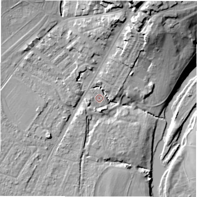 Shaded relief map of the ground around CV346AJ, computed from Environment Agency LiDAR. The ground here sits at about 48 m above sea level and falls 26 m across the surrounding 800 m. Surface water reaching this point runs off ground lying to the south-west, 3.5 m higher.