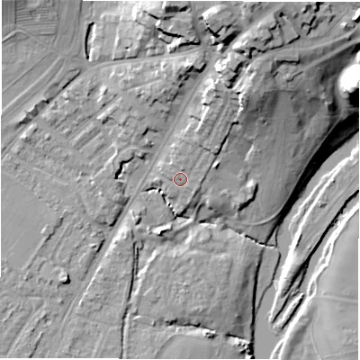 Shaded relief map of the ground around CV346AQ, computed from Environment Agency LiDAR. The ground here sits at about 50 m above sea level and falls 34 m across the surrounding 800 m. Surface water reaching this point runs off ground lying to the north-north-east, 9.8 m higher.