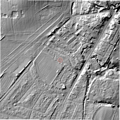 Shaded relief map of the ground around CV346AR, computed from Environment Agency LiDAR. The ground here sits at about 50 m above sea level and falls 25 m across the surrounding 800 m. Surface water reaching this point runs off ground lying to the south-south-east, 0.9 m higher.