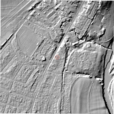 Shaded relief map of the ground around CV346AS, computed from Environment Agency LiDAR. The ground here sits at about 50 m above sea level and falls 19 m across the surrounding 800 m. Surface water reaching this point runs off ground lying to the south-south-west, 1.1 m higher.