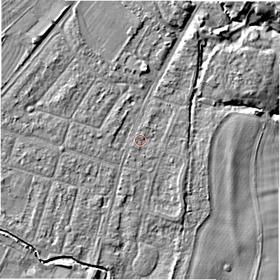 Shaded relief map of the ground around CV346AT, computed from Environment Agency LiDAR. The ground here sits at about 49 m above sea level and falls 7 m across the surrounding 800 m. Surface water reaching this point runs off ground lying to the north-east, 0.9 m higher.